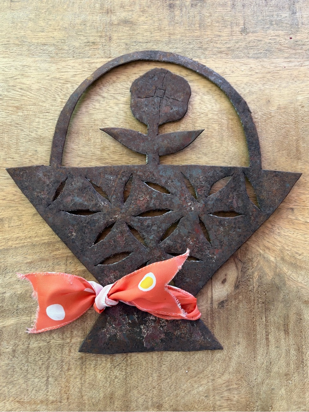 Rustic Sheet Metal Flower Basket Wall Accent with Orange Bow - Picture 5 of 8